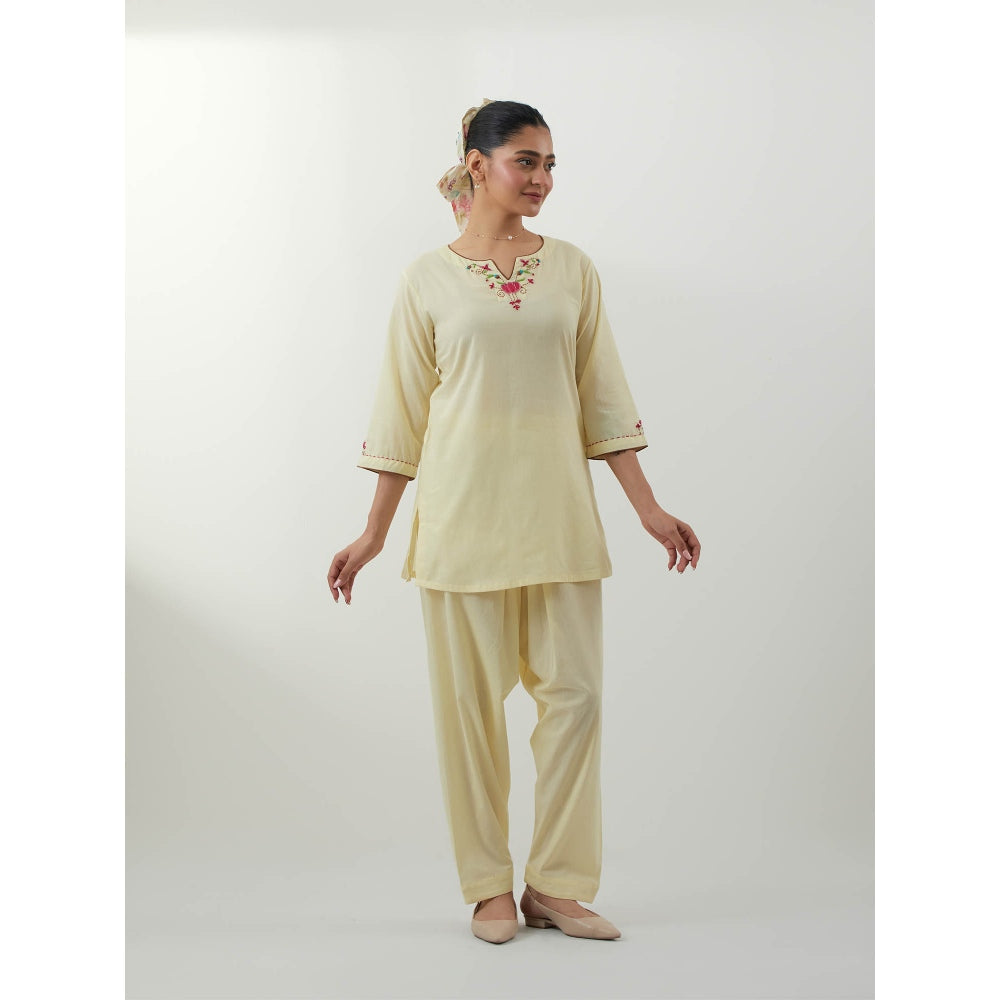 Vinusto Butter Yellow Embroidered Kurti with Salwar