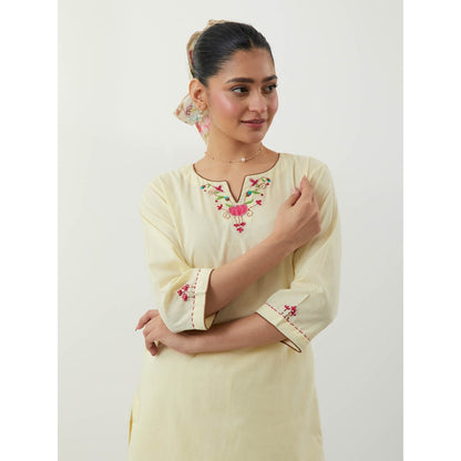 Vinusto Butter Yellow Embroidered Kurti with Salwar
