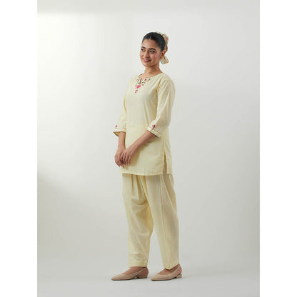 Vinusto Butter Yellow Embroidered Kurti with Salwar