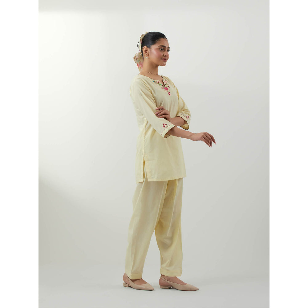 Vinusto Butter Yellow Embroidered Kurti with Salwar