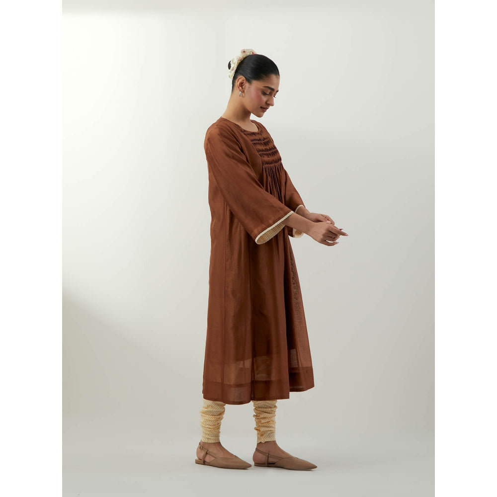 Vinusto Brown Pin Tuck Kurta with Slip and Churidar