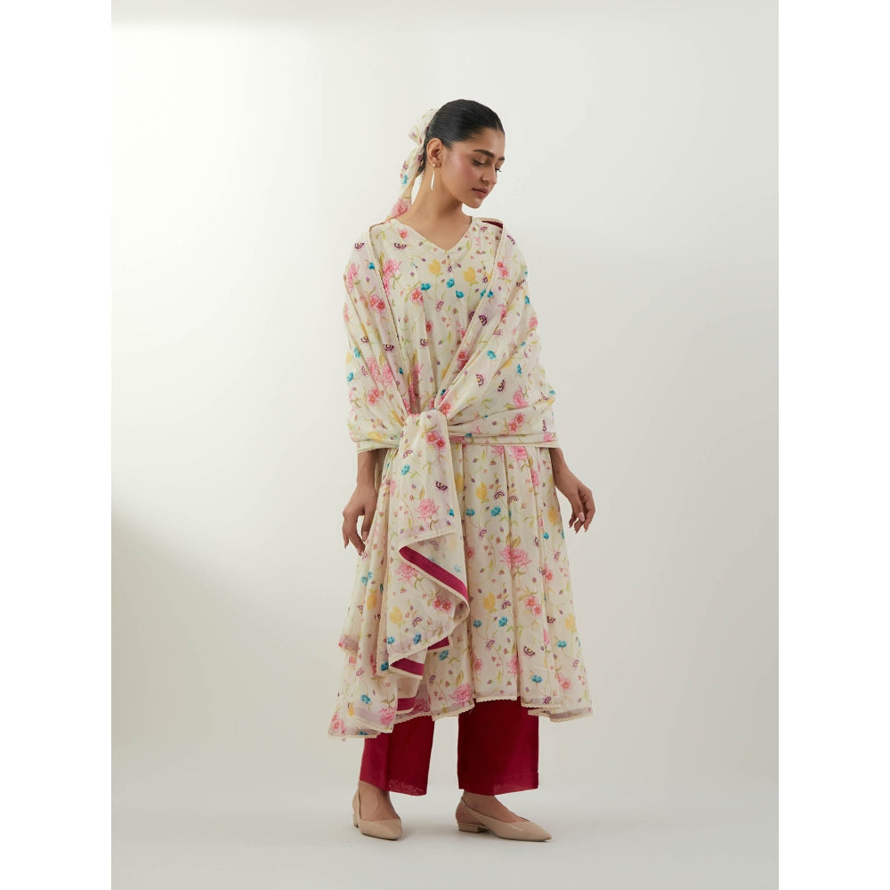 Vinusto Ivory Floral Print Chanderi Anarkali with Pant, Slip and Dupatta