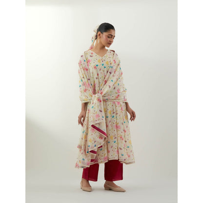 Vinusto Ivory Floral Print Chanderi Anarkali with Pant, Slip and Dupatta
