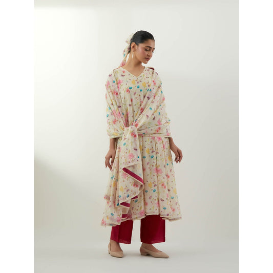 Vinusto Ivory Floral Print Chanderi Anarkali with Pant, Slip and Dupatta