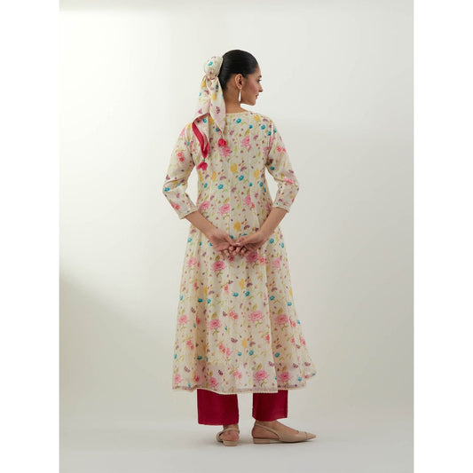 Vinusto Ivory Floral Print Chanderi Anarkali with Pant, Slip and Dupatta