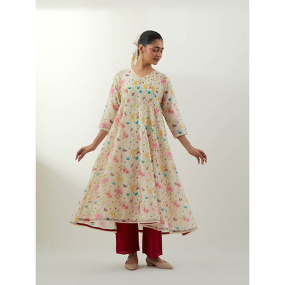 Vinusto Ivory Floral Print Chanderi Anarkali with Pant, Slip and Dupatta