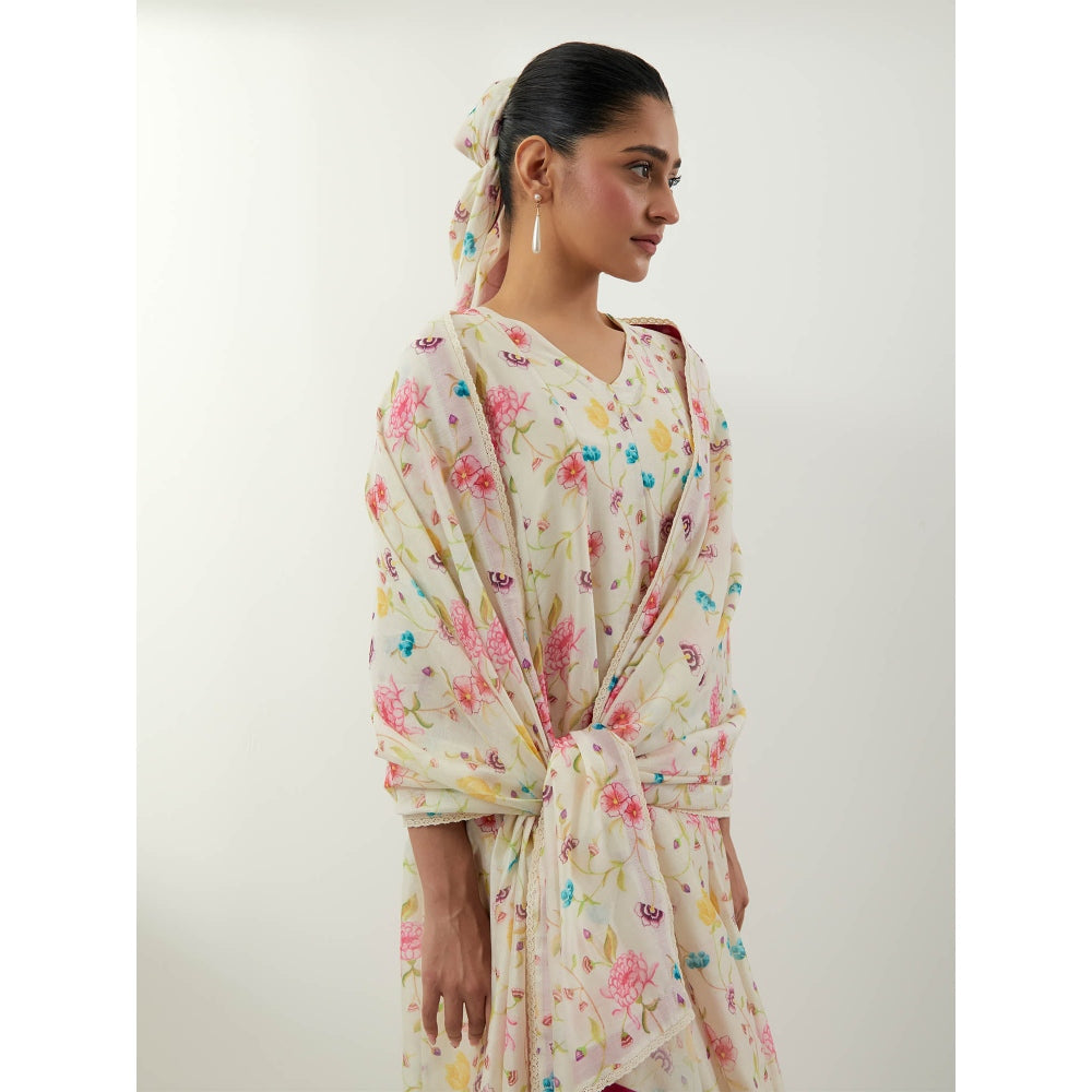 Vinusto Ivory Floral Print Chanderi Anarkali with Pant, Slip and Dupatta