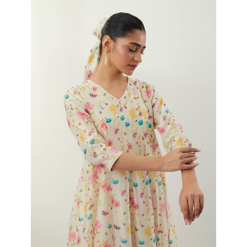 Vinusto Ivory Floral Print Chanderi Anarkali with Pant, Slip and Dupatta