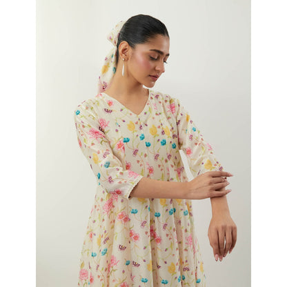 Vinusto Ivory Floral Print Chanderi Anarkali with Pant, Slip and Dupatta