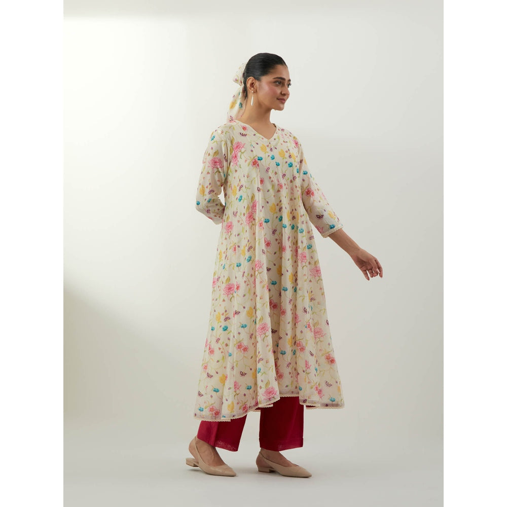 Vinusto Ivory Floral Print Chanderi Anarkali with Pant, Slip and Dupatta
