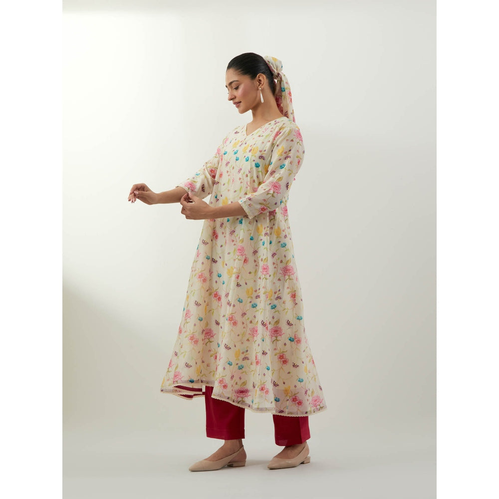 Vinusto Ivory Floral Print Chanderi Anarkali with Pant, Slip and Dupatta