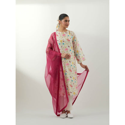Vinusto Ivory Floral Straight Kurta with Pant and Dupatta