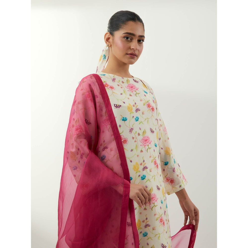 Vinusto Ivory Floral Straight Kurta with Pant and Dupatta