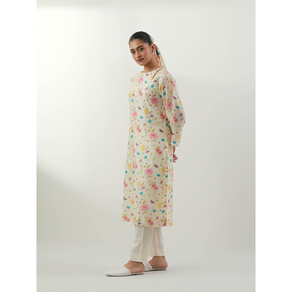 Vinusto Ivory Floral Straight Kurta with Pant and Dupatta