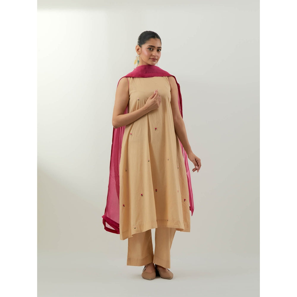 Vinusto Beige Embroidered Cotton Kurta With Pant And Dupatta