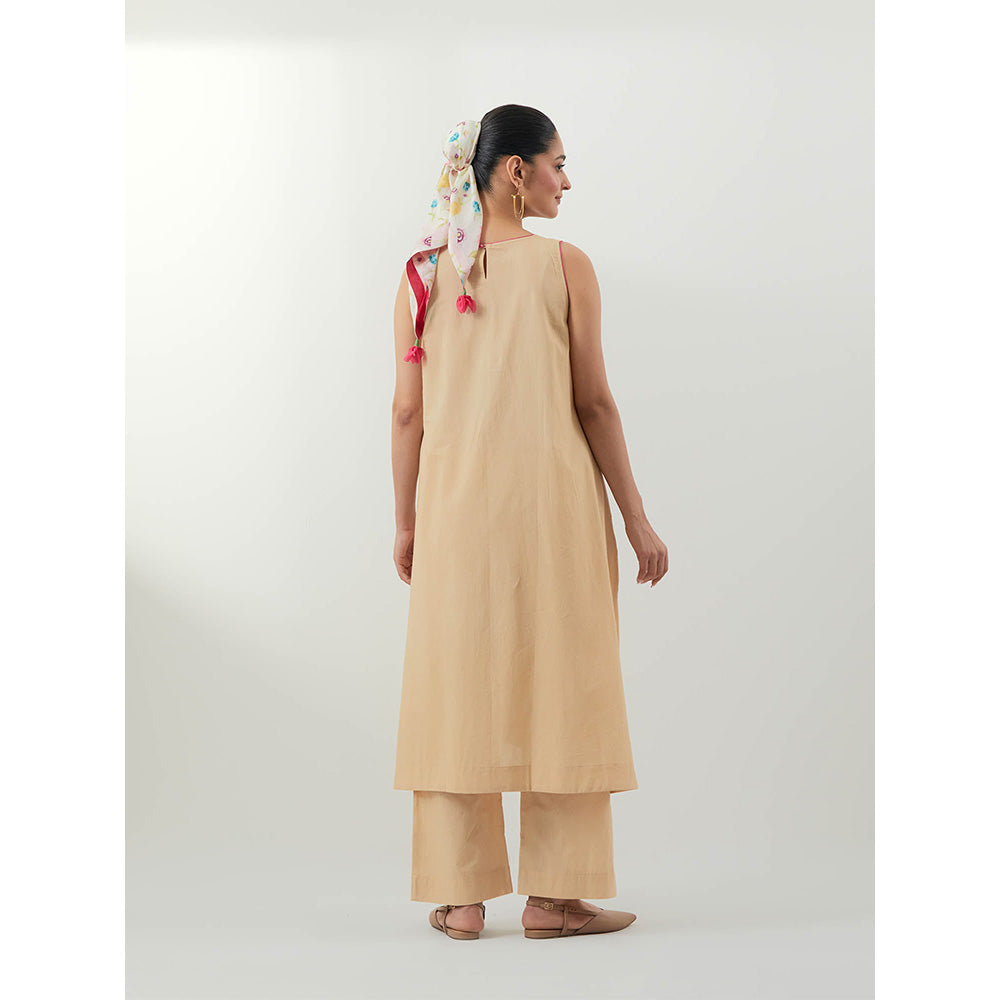 Vinusto Beige Embroidered Cotton Kurta With Pant And Dupatta