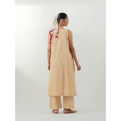 Vinusto Beige Embroidered Cotton Kurta With Pant And Dupatta