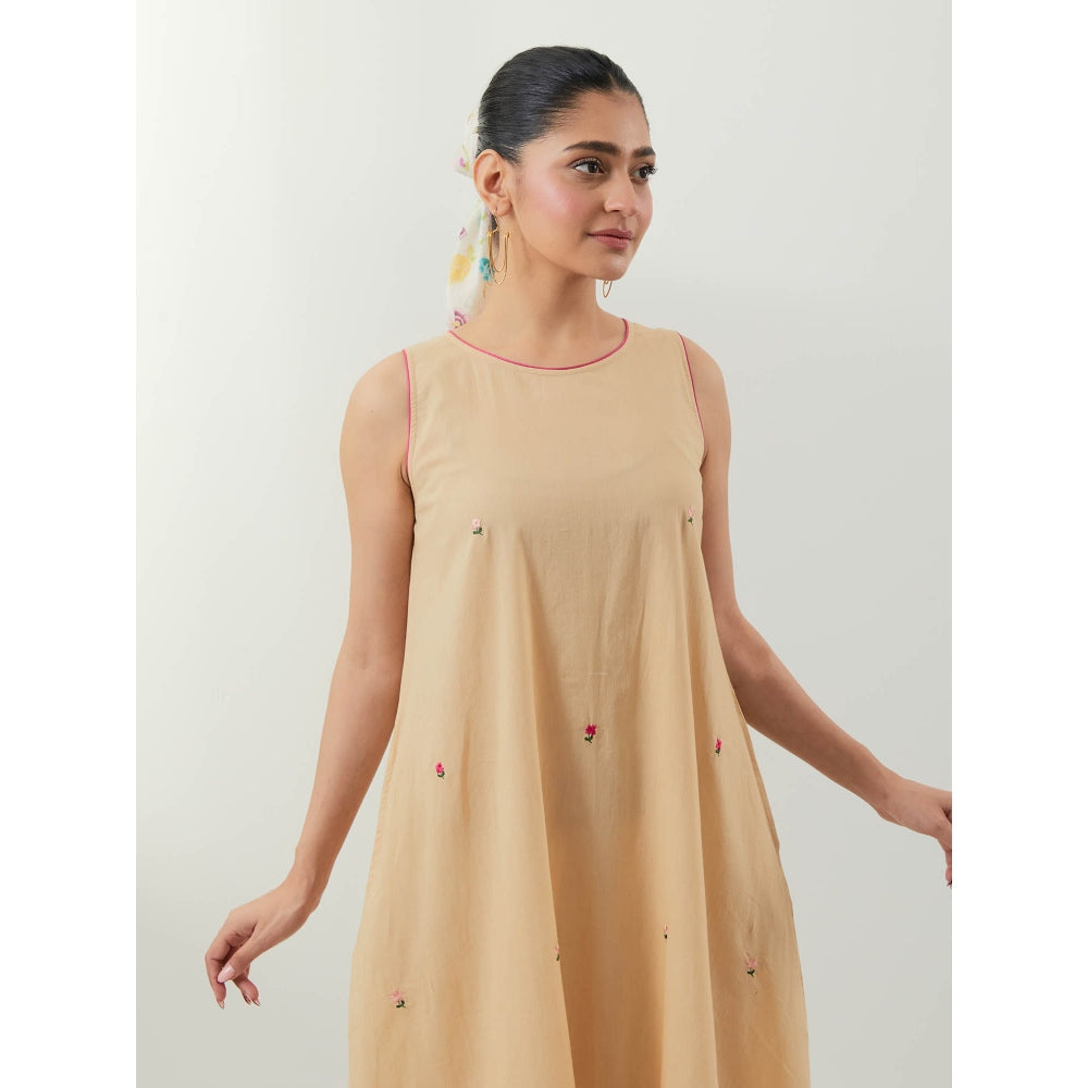 Vinusto Beige Embroidered Cotton Kurta With Pant And Dupatta