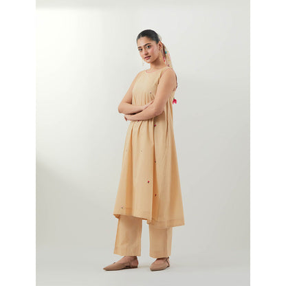 Vinusto Beige Embroidered Cotton Kurta With Pant And Dupatta