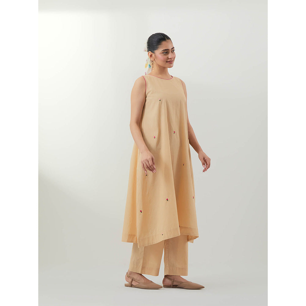 Vinusto Beige Embroidered Cotton Kurta With Pant And Dupatta