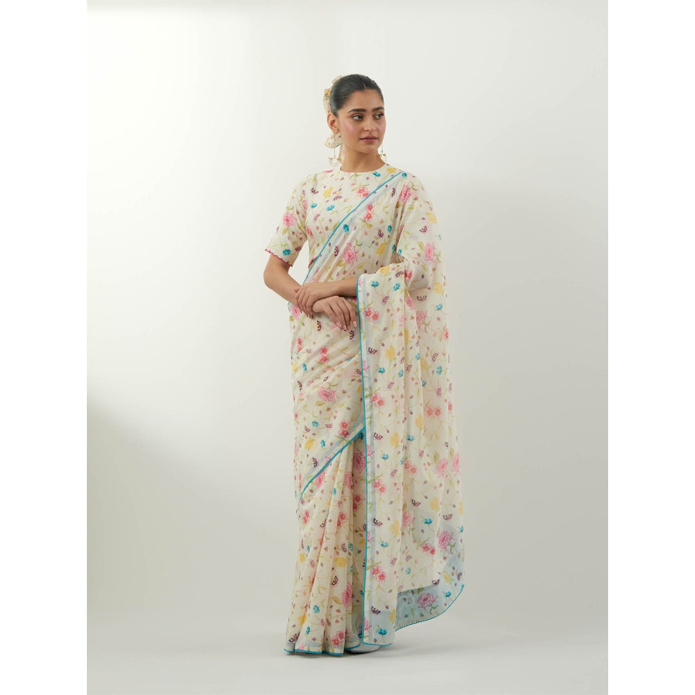 Vinusto Ivory Printed Saree with Stitched Blouse