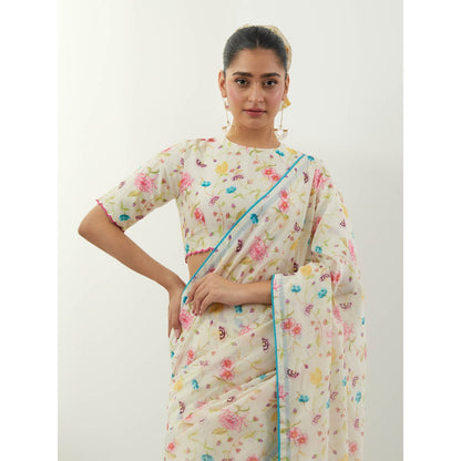 Vinusto Ivory Printed Saree with Stitched Blouse