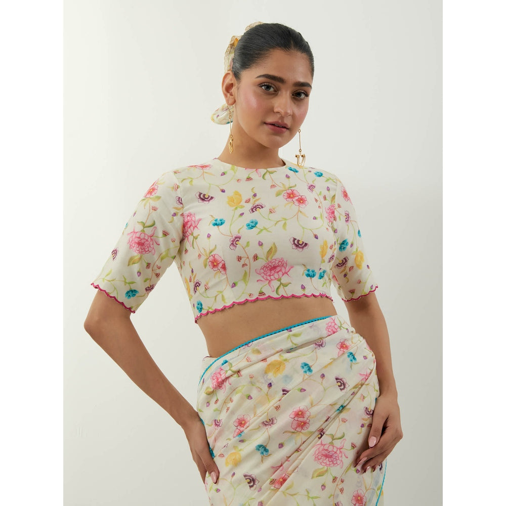 Vinusto Ivory Printed Saree with Stitched Blouse