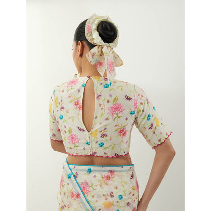 Vinusto Ivory Printed Saree with Stitched Blouse