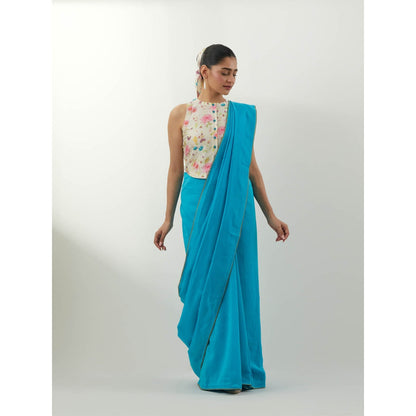 Vinusto Blue Chanderi Saree with Stitched Blouse