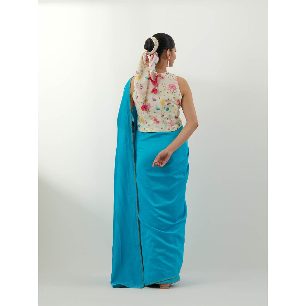 Vinusto Blue Chanderi Saree with Stitched Blouse