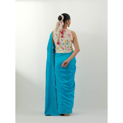 Vinusto Blue Chanderi Saree with Stitched Blouse