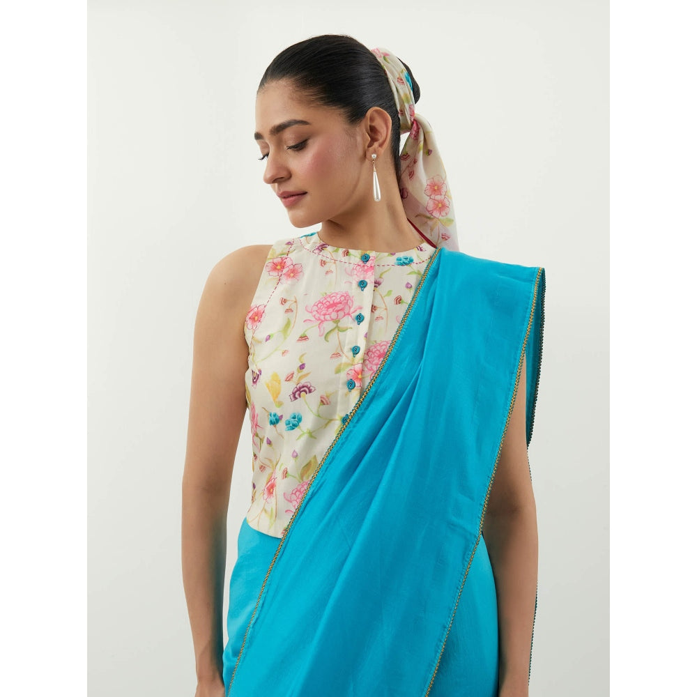 Vinusto Blue Chanderi Saree with Stitched Blouse