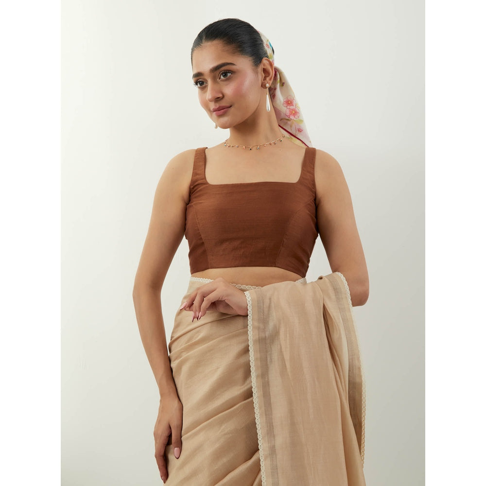 Vinusto Beige Chanderi Saree with Stitched Blouse