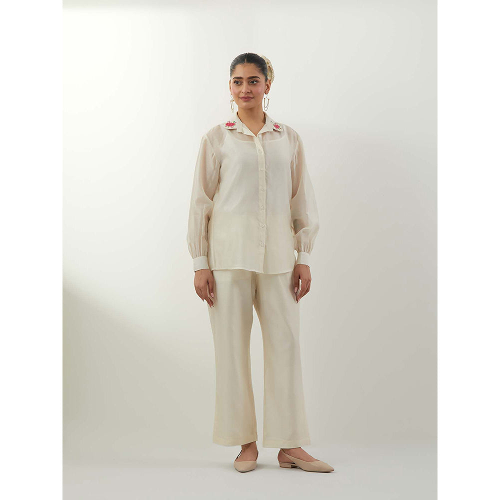 Vinusto Embroidered Chanderi Ivory Shirt with Pant and Slip