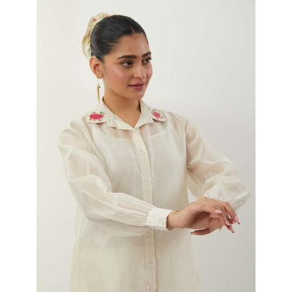 Vinusto Embroidered Chanderi Ivory Shirt with Pant and Slip