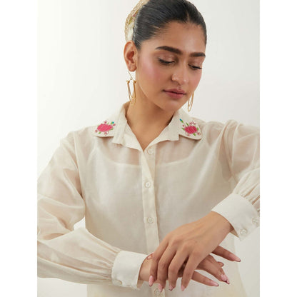 Vinusto Embroidered Chanderi Ivory Shirt with Pant and Slip
