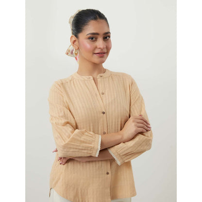 Vinusto Beige Shirt In Textured Cotton Off White Cotton Shirt with Pant