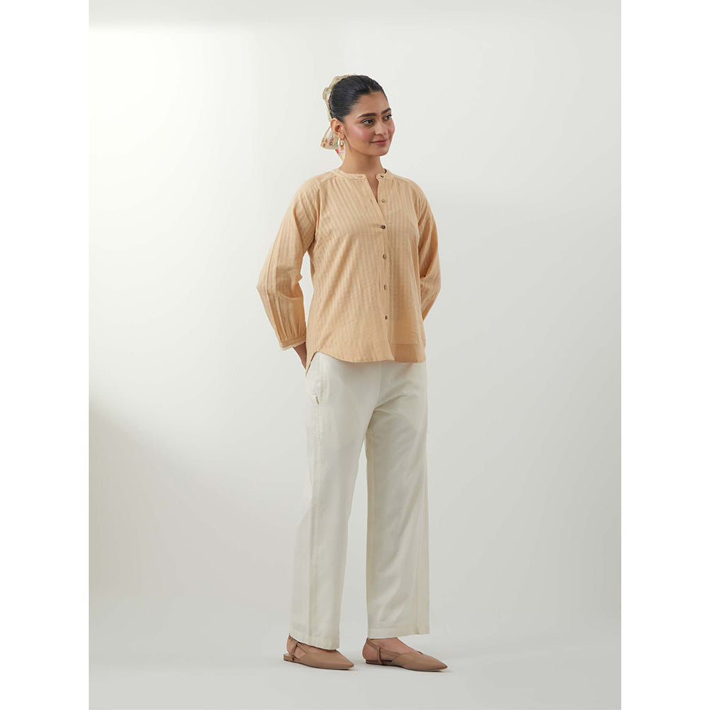 Vinusto Beige Shirt In Textured Cotton Off White Cotton Shirt with Pant