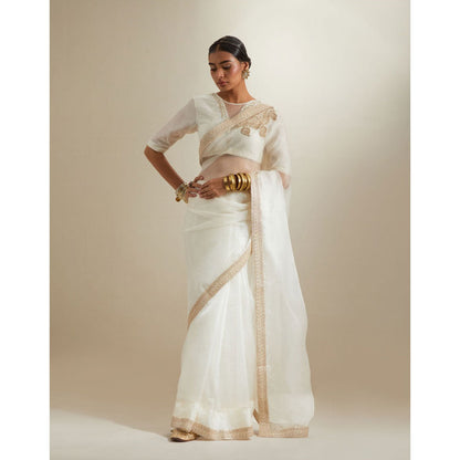 Vinusto Ivory Katan Embroidered Chanderi Saree with Stitched Blouse
