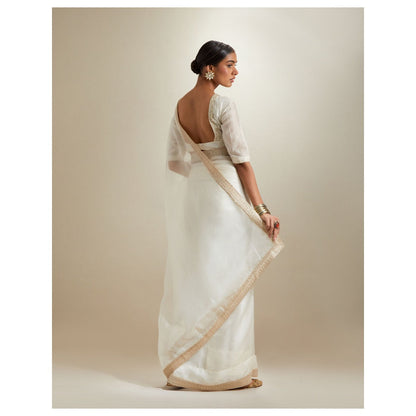 Vinusto Ivory Katan Embroidered Chanderi Saree with Stitched Blouse