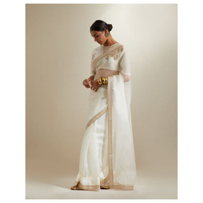 Vinusto Ivory Katan Embroidered Chanderi Saree with Stitched Blouse