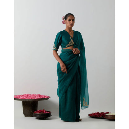 Vinusto Emerald Green Chanderi & Katan Silk Pre-Drape Saree with Stitched Blouse