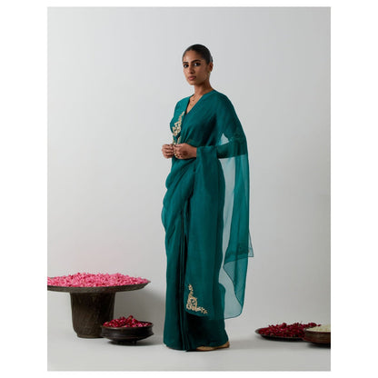 Vinusto Emerald Green Chanderi & Katan Silk Pre-Drape Saree with Stitched Blouse