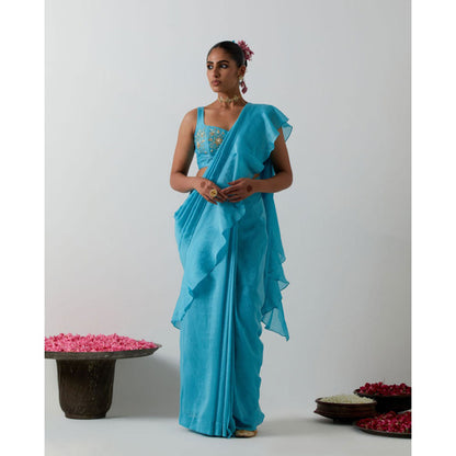 Vinusto Ready-to-Wear Chanderi Ruffled Pallu & Zardozi Saree with Stitched Blouse