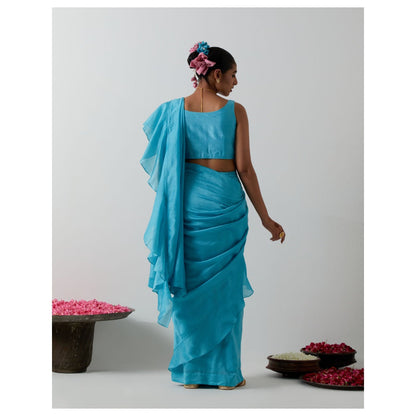 Vinusto Ready-to-Wear Chanderi Ruffled Pallu & Zardozi Saree with Stitched Blouse