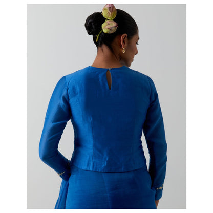 Vinusto Cobalt Blue Katan Organza Silk Saree with Stitched Blouse