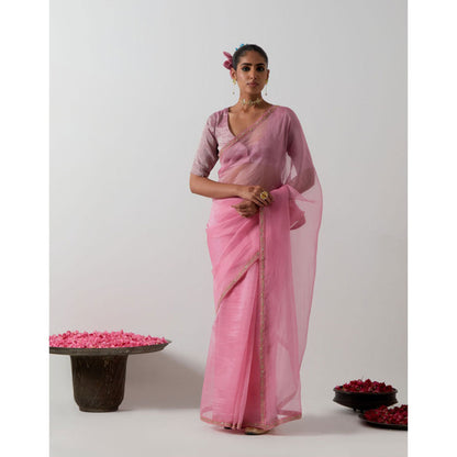 Vinusto Embroidered Pink Katan Organza Saree with Stitched Blouse