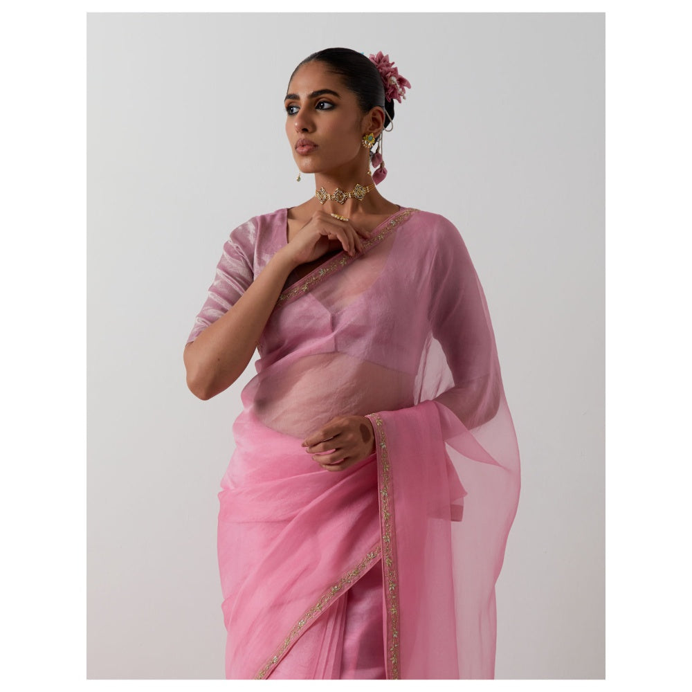 Vinusto Embroidered Pink Katan Organza Saree with Stitched Blouse