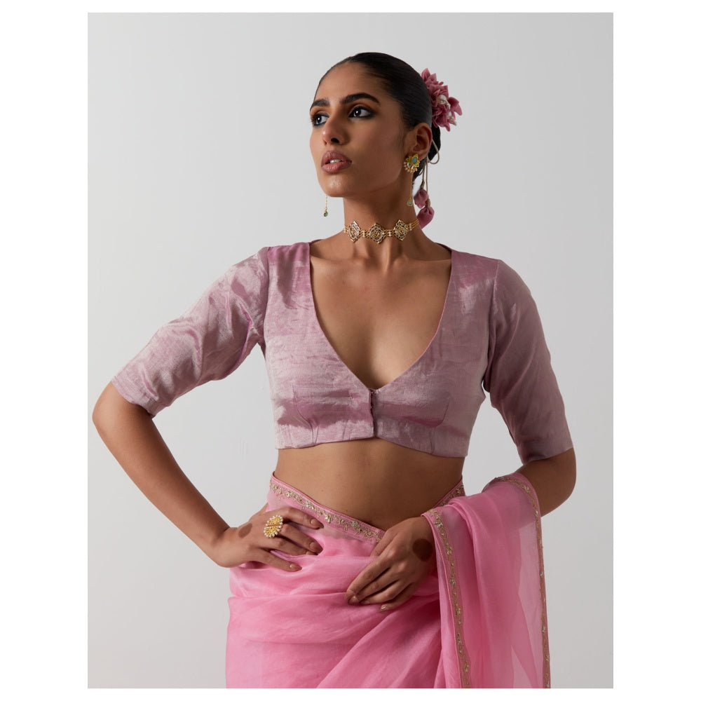 Vinusto Embroidered Pink Katan Organza Saree with Stitched Blouse