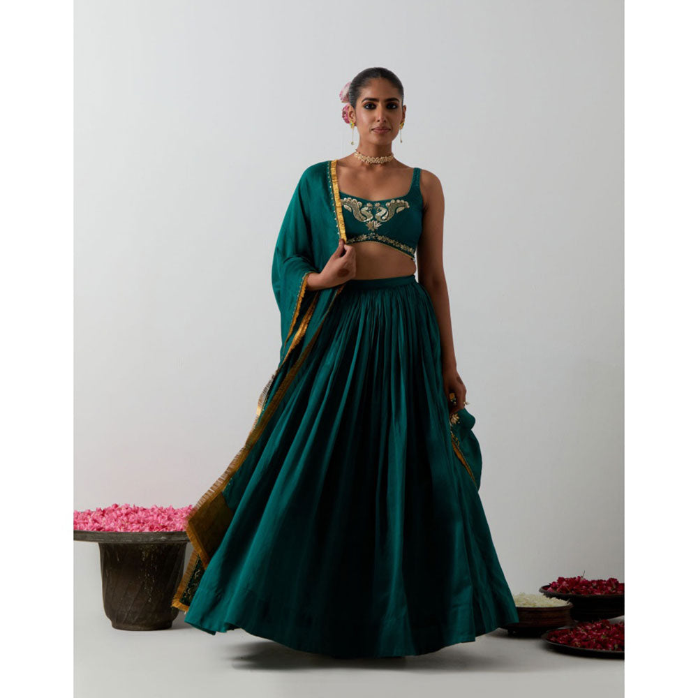 Vinusto Deep Green Hand-Embroidered Chanderi Lehenga with Blouse and Dupatta